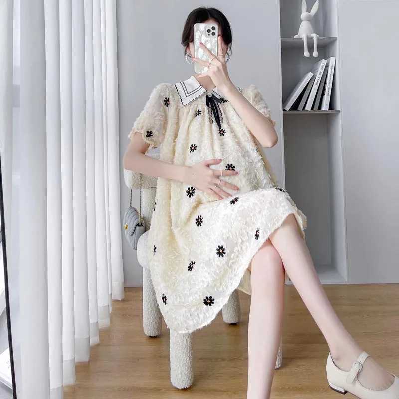 Summer Korean Fashion Maternity Dress Beading Ruffle A Line Loose Clothes for Pregnant Women Sweet Pregnancy ClothingT250311