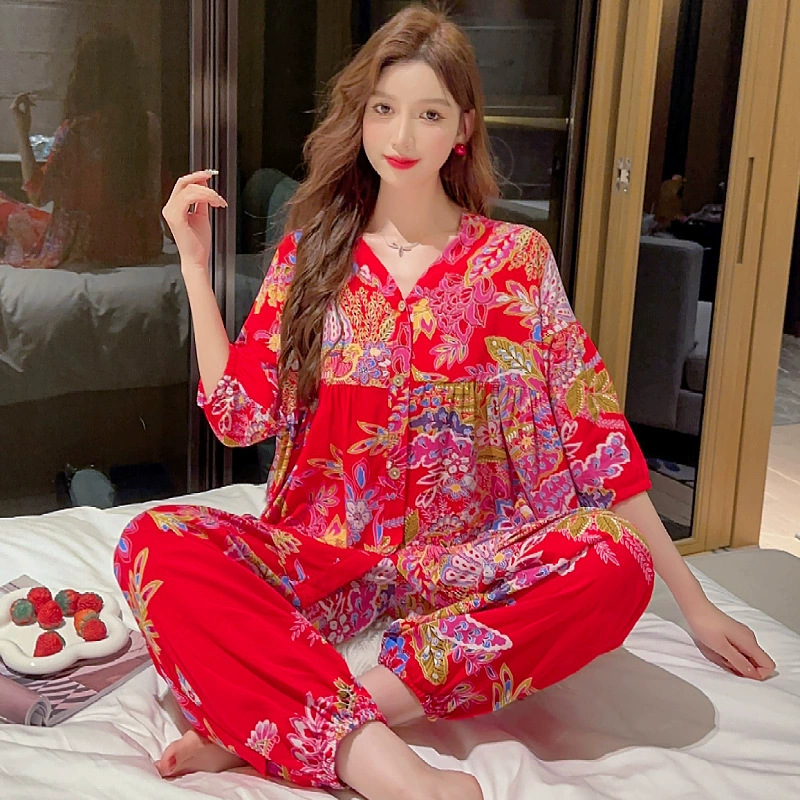 B811-Summer women's pajamas simple loose short-sleeved trousers pure cotton home clothes can be worn outside