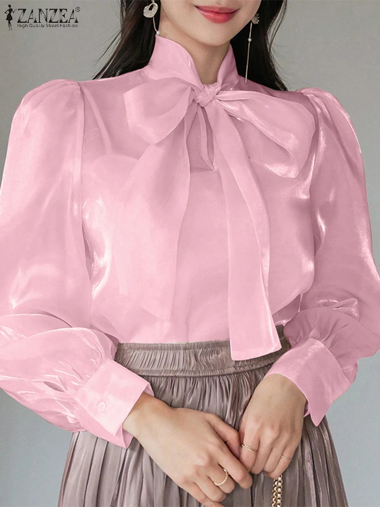 ZANZEA Organza Women Blouses Elegant Office Lady Bowtie Neck Lantern Sleeve Blusas Mujer Fashionable See-through Sheer Tops 250310