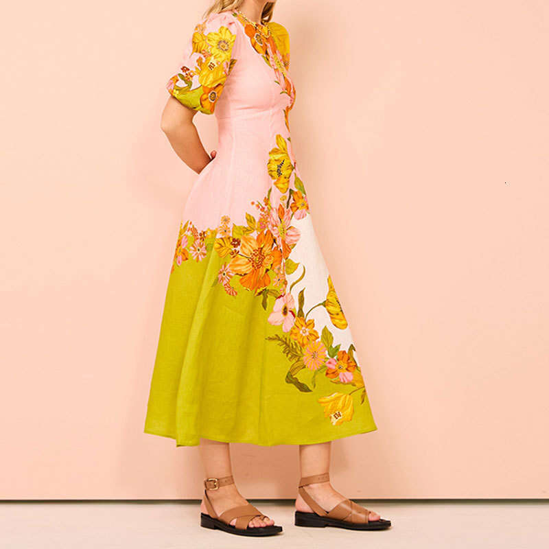 2025 Summer New Women's Clothing Ethnic Style Printed Fashionable Bubble Sleeves Slim Fit Large Swing Dress KLMY