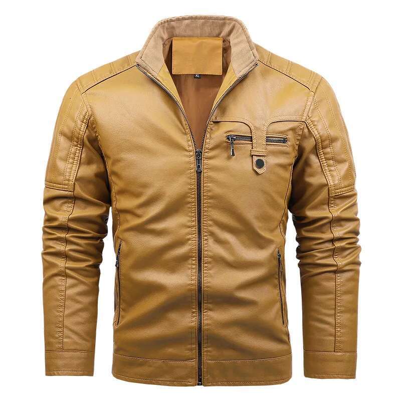 Men's Standing Collar Multi Pocket Jacket With Thickened PU Leather Work Outdoor Motorcycle Riding Clothes