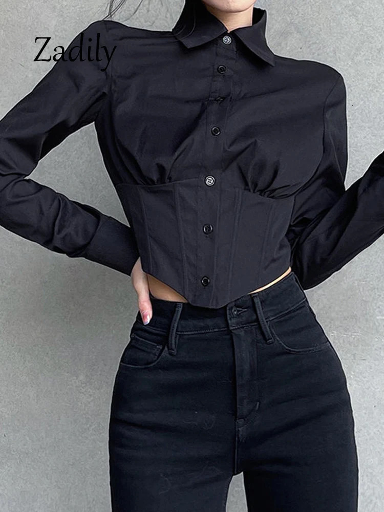 Spring Sexy Long Sleeve Women White Shirt Blouse Korea Style Button Up Slim Waist Y2K Crop Tops Female Cardigan Clothing 250311