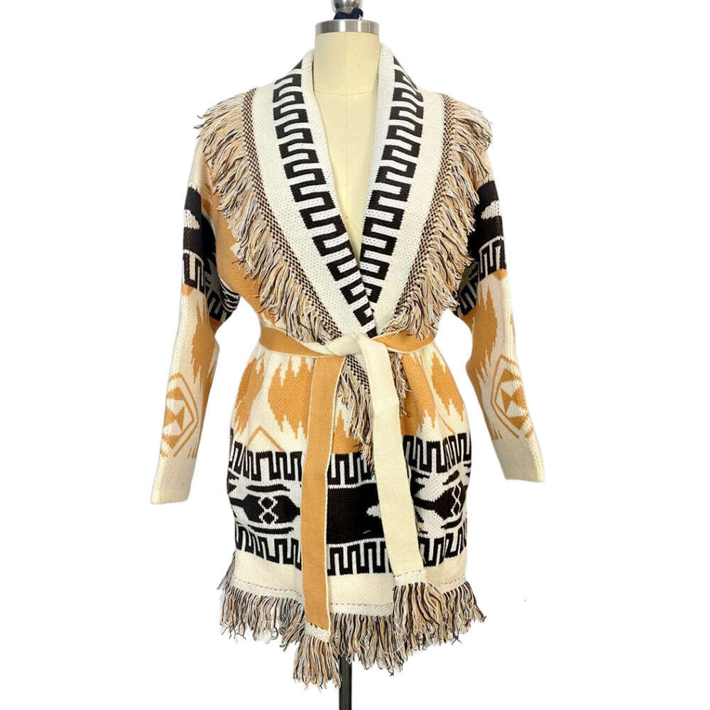 Autumn Winter Long Sleeved Wool Blended Knitted Sweater, Loose And Thick Bohemian Jacquard Cardigan Jacket
