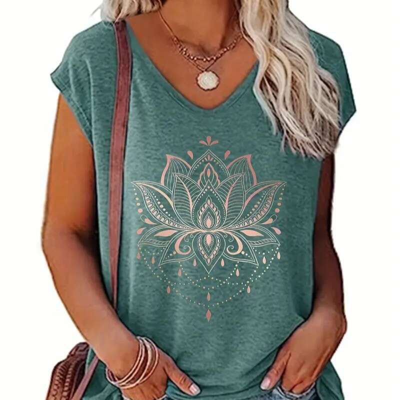 Large Size Short Sleeved V-neck Printed Loose Solid Color Urban Casual Pullover T-shirt for Women Graphic T Shirts Womens T Shirt Clothes