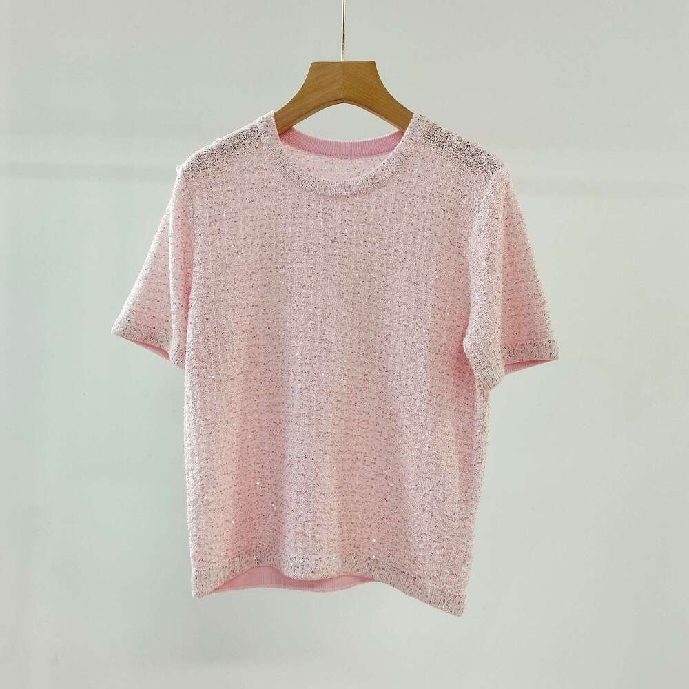New Summer 2024 Nanyou High End Silk Sparkling Small Fragrant Knitted Shirt Women's Short Sleeve Hoodie Top