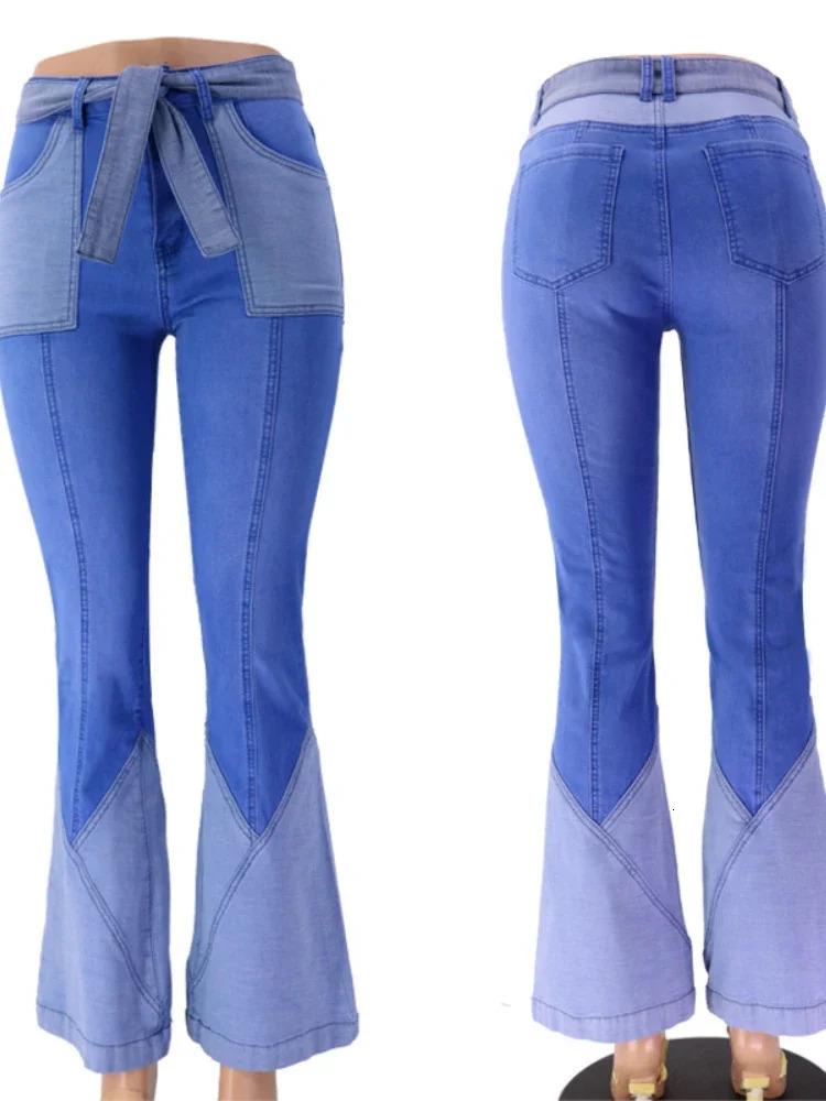 Retro Highwaisted Jeans Women Splicing European and American Clothing Denim Flared Pants Casual Trousers 250311