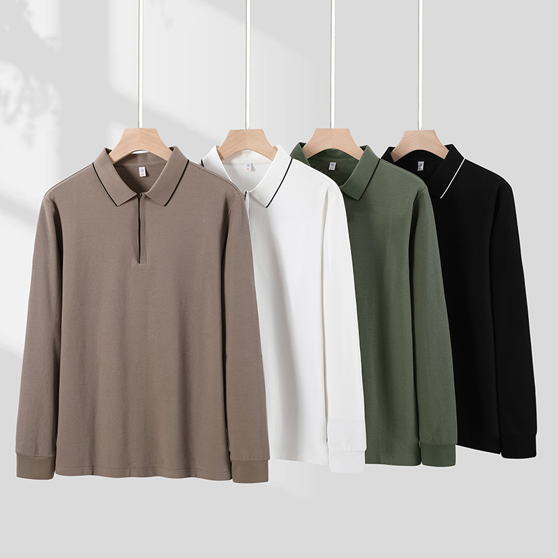 Washed pure cotton long sleeved polo shirt for men, business casual zipper, solid color T-shirt, trendy and fashionable lapel T-shirt tracksuit