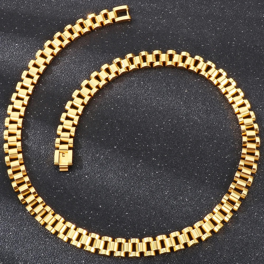 45/50/60CM 10MM Watch Strap Chain Style Necklace For Men Women Gold Color Stainless Steel Choker Necklaces Jewellery Accessories 250311