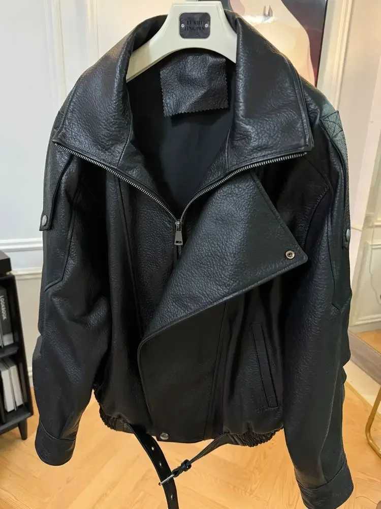 Korean Fashion Black Leather Jacket Women Clothing Autumn/Winter New Loose Casual Coat PU Leather Motorcycle Jacket Women TopsT250311