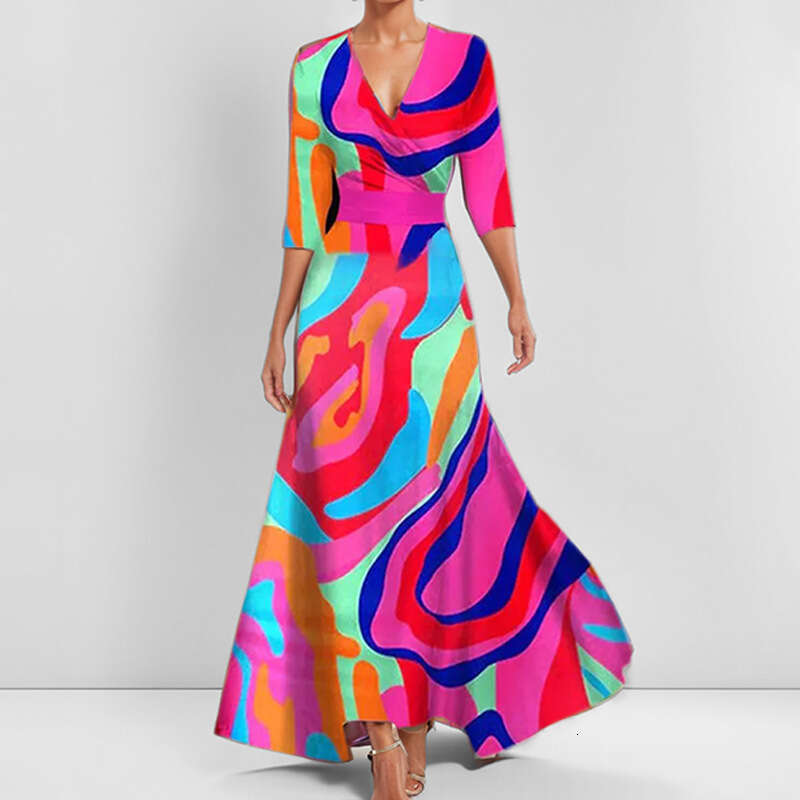 2025 Spring Festival Women's Fashion Elegant Temperament V-Neck Printed Pleated Skirt Long Dress KLMY