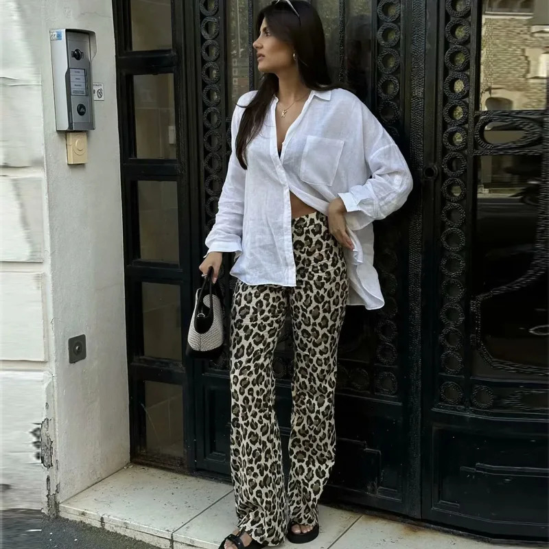 TRAF Womens Trousers Leopard Print Pants For Women Vintage High Waist Baggy Wide Woman Streetwear Straight Long 250310