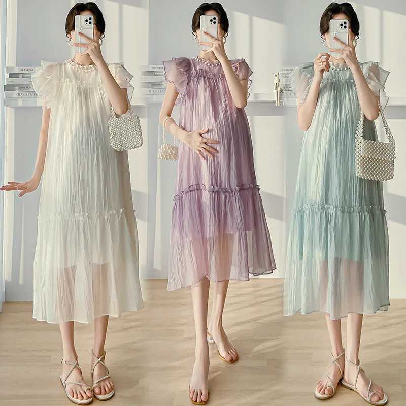 Maternity Clothes Silk Pleated Long Dress Skirt Summer Loose Casual Pregnant Women Short Sleeve Dress Vestido Pregnancy ClothingT250311