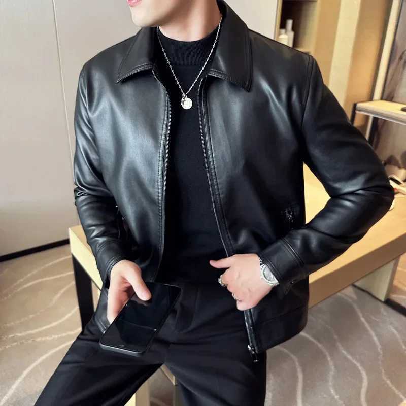 Mens Fashion Leather Jacket Slim Fit Tturn down Collar Coats Male Anti-wind Motorcycle Zipper leahter Jackets Men PU JacketT250311