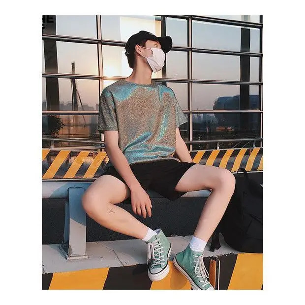 Shiny short sleeved T-shirt fashionable summer mens stage costume DJ top 250310