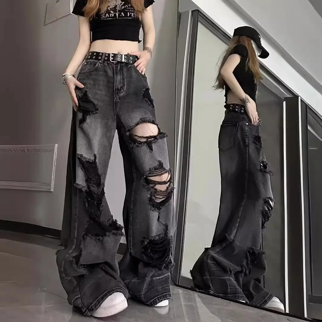 Unique Cool Ripped Jeans Womens Summer Distressed American Style Bell Bottoms Loose Fit Versatile Straight Leg Long Pants 250311