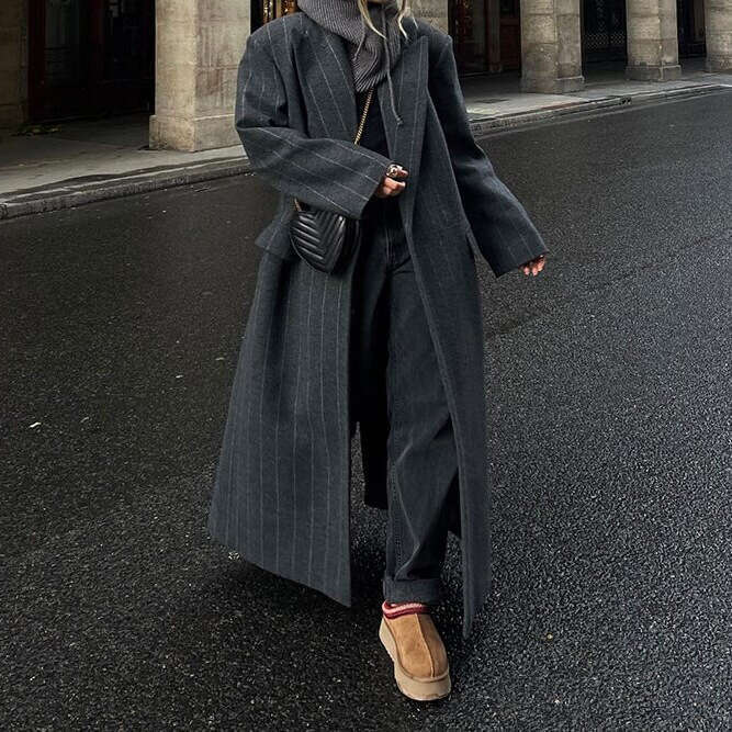 2024 Lapel Sleeved Coat, Stylish Commuting Striped Long Coat
