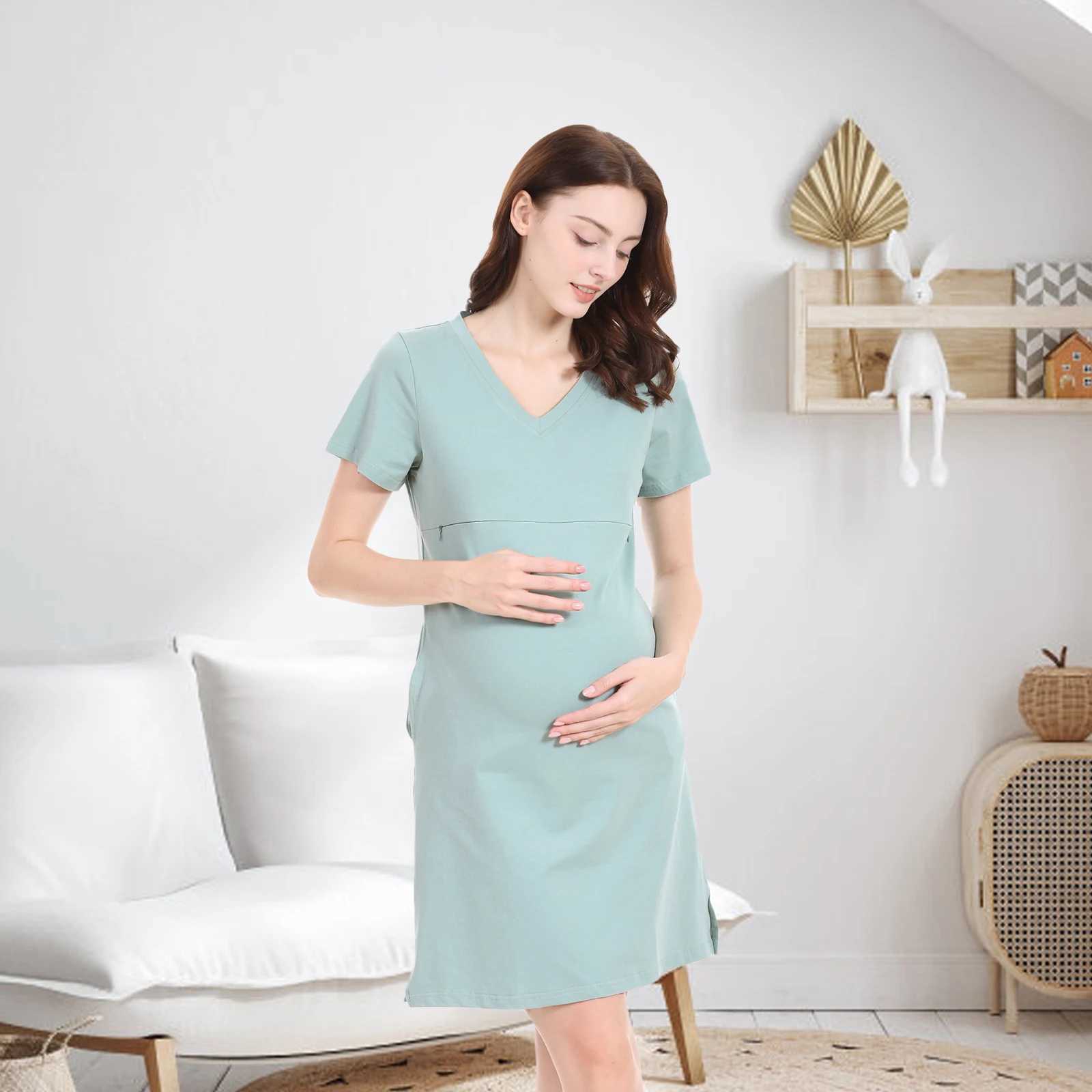 2025 Summer Womens Nursing Dress Summer Short Sleeve V-neck Maternity Breastfeeding Knee Length Dress with PocketT250311