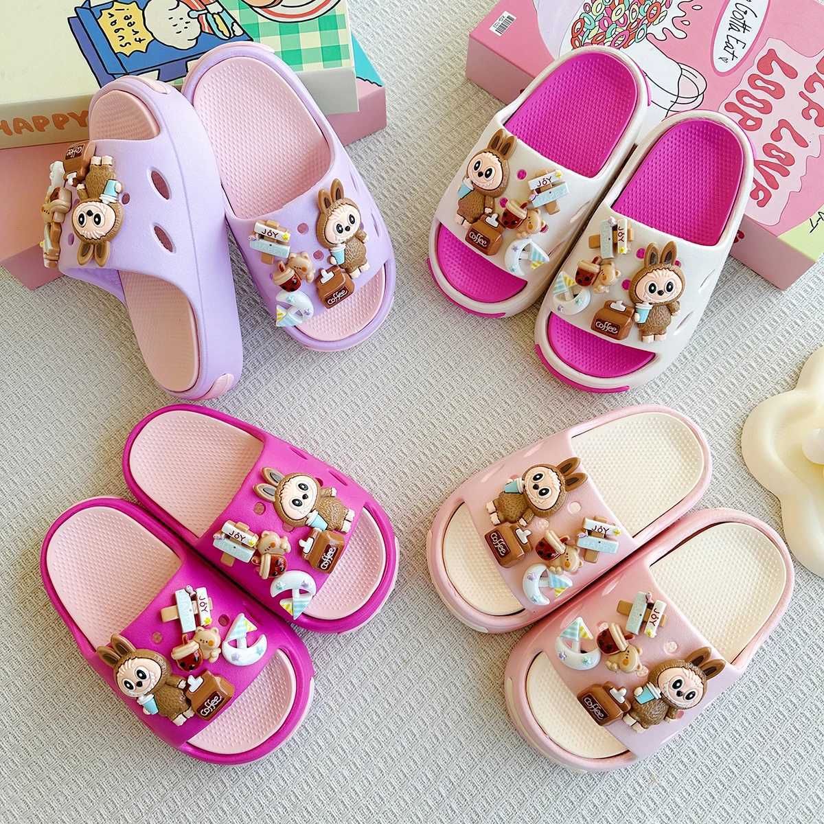 New Popular Cartoon Coffee Labubu Versatile Eva Slippers for Boys and Girls Fashionable Double Soft-Soled Non-Slip SandalsT250311