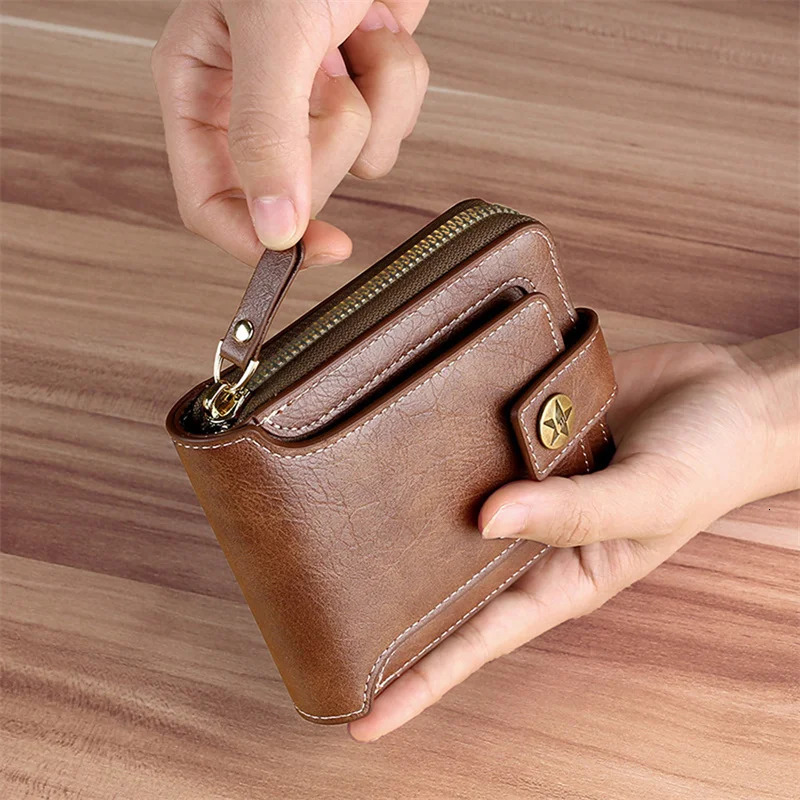 Retro mens wallet PU leather short buckle zipper clutch solid color highquality durable and convenient 250311