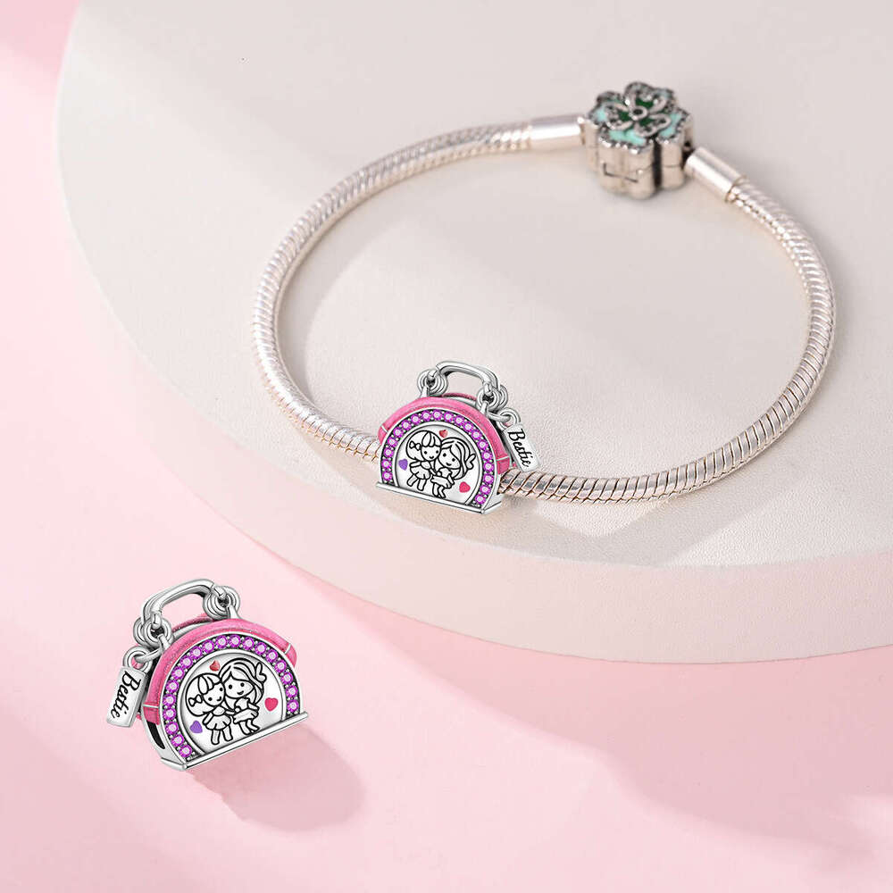 925 sterling silver Charm Friendly sisters love pink rose pendant beads charms DIY jewelry accessories bracelet for women gift fashion jewelry wholesa