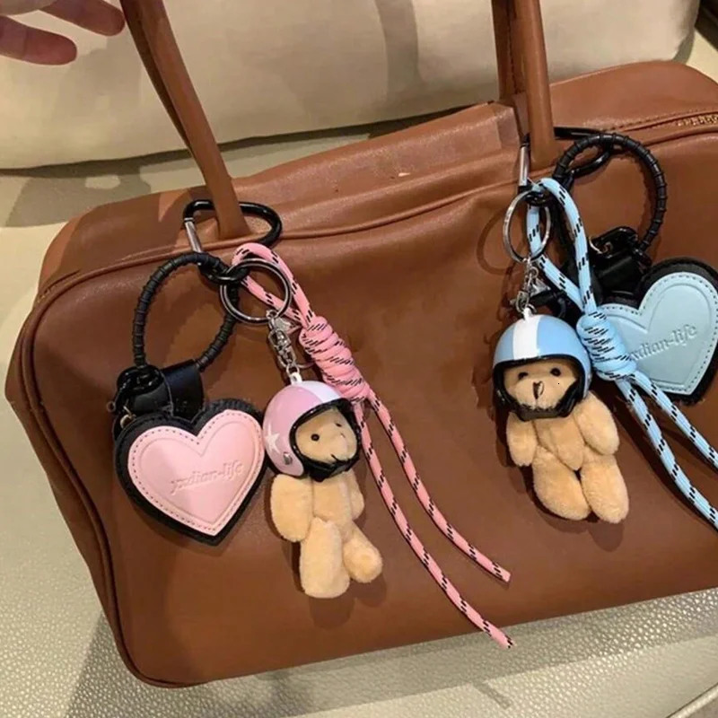 Cute Helmet Bear Pendant DIY Personality Car Key Chain Decoration Charm Woven Rope Hanging Mobile Phone Ring Bag Accessories 250311