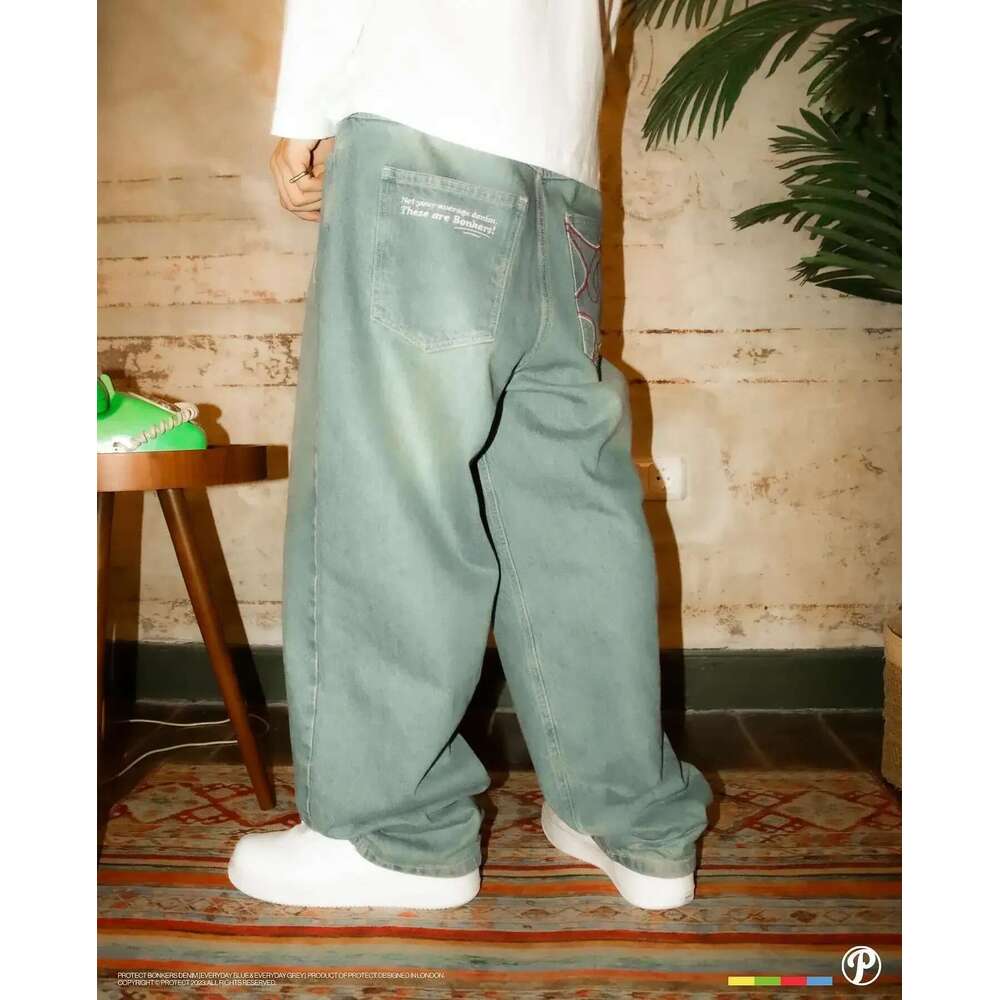 Jeans Jeans PROTECT Streetwear Y2k Mens Pants Haruku Hip Hop Letter Embroidery Vintage Blue Baggy Jeans High Waist Wide Leg Trouser