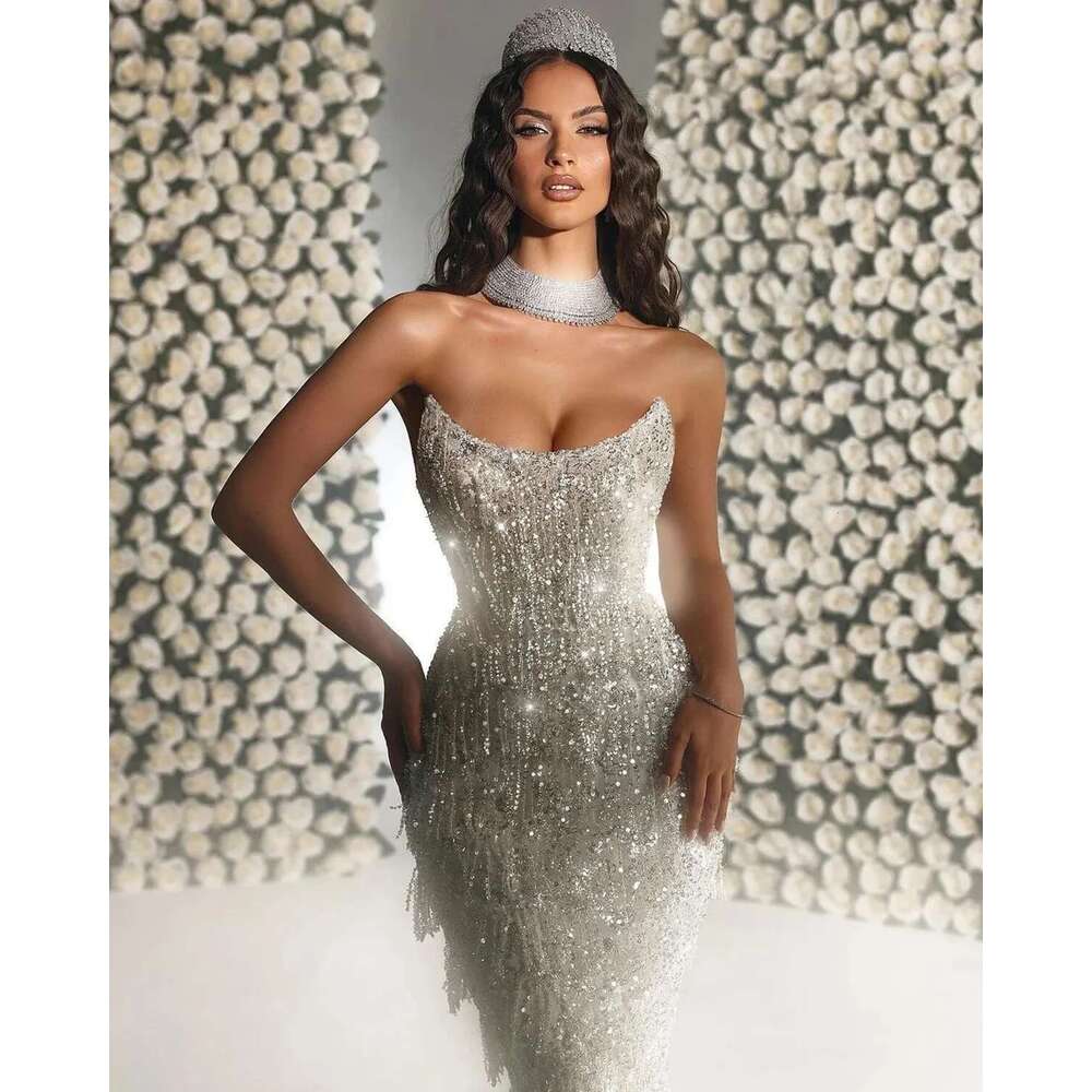 Exquisite Strapless Mermaid Dress, Bright Sleeveless Beading Lace Sequins Trumpet Bridal Dresses