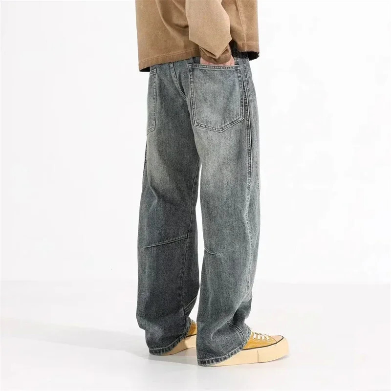 Mens Y2K Vintage Straight WideLeg Jean Casual 3D Splicing Baggy Denim Pants Hip Hop Fashion Streetwear mens jeans 250311