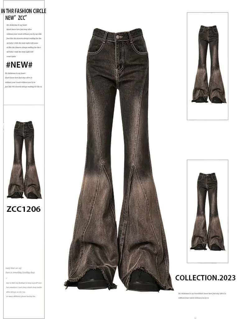 Womens Brown Black Flare Jeans Vintage Y2k 90s Aesthetic Baggy Denim Trousers Emo 2000s Harajuku Wide Cowboy Pants Trashy Clothes 250306