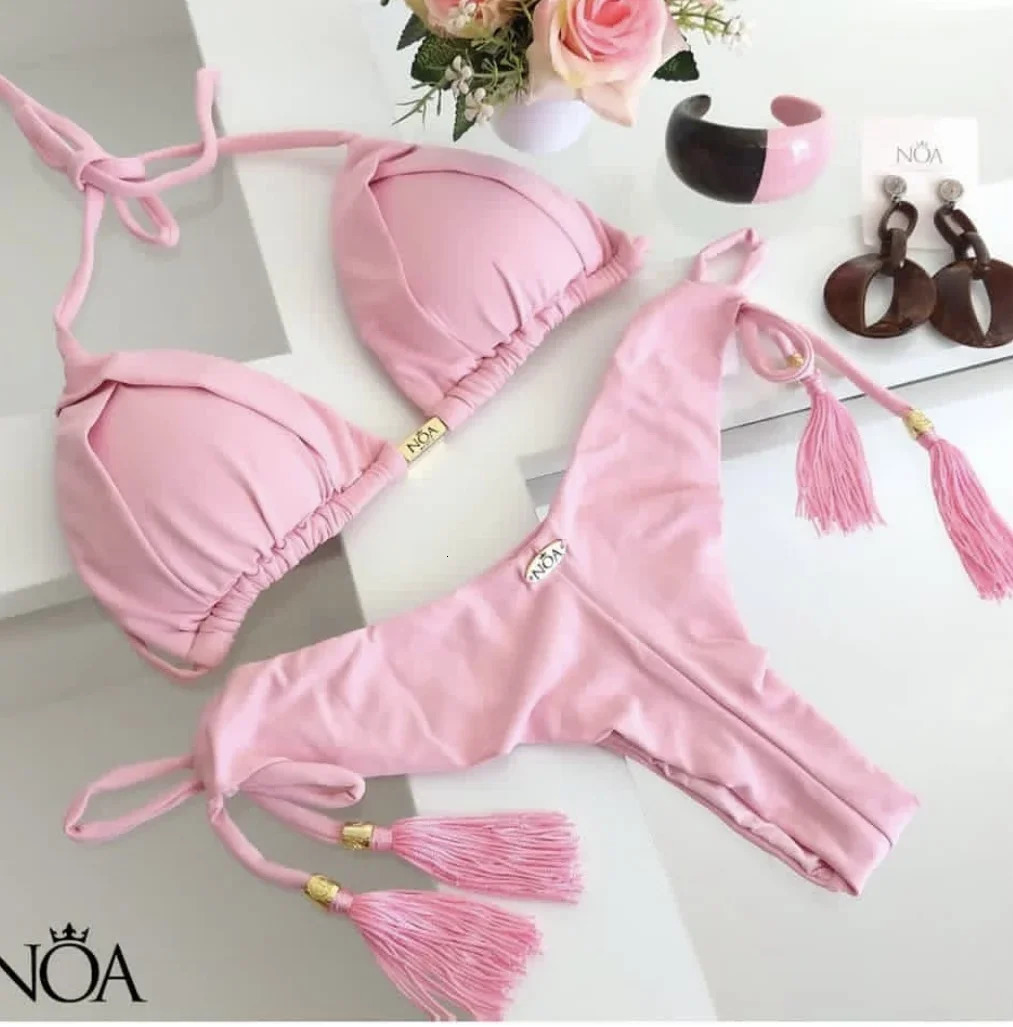 sexy women bikini brazilian triangle pushup swimsuit metal chain beach 250311