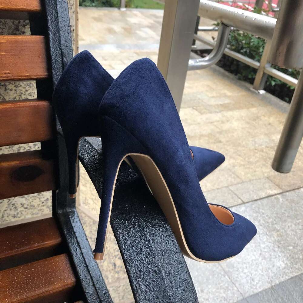 High Heel Veowalk Navy Blue Women Synthetic Suede High Heels Pointed Toe Slip On OL Ladies Stiletto Pumps Cm Fashion Wedding Shoes