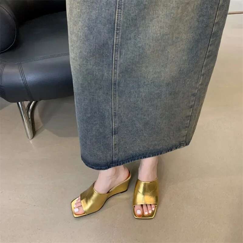 Open ToeSummer Quality Modern Slippers Women's Square Toe High Wedge Heel Outdoor Sandals