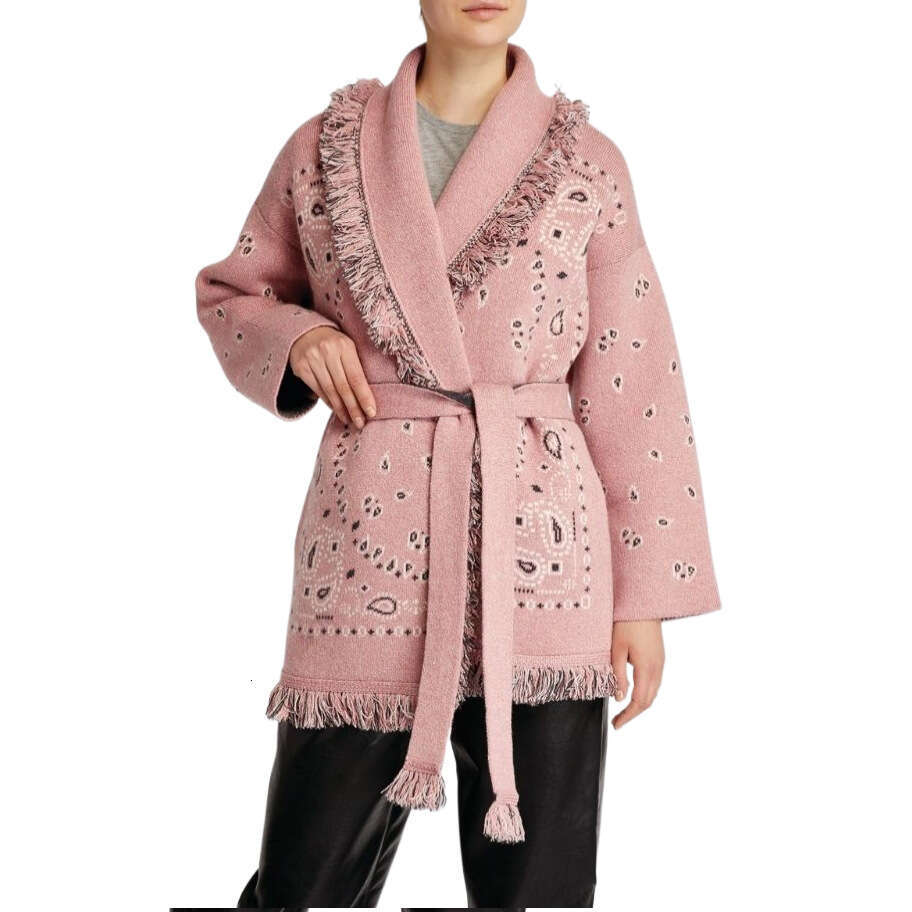 Australian Autumn And Winter Wool Jacquard Sweater Jacket, Niche Tassel Large Lapel Contrasting Mid Length Cardigan