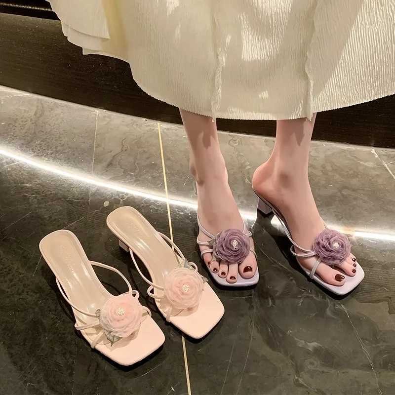 Womens Sandals Summer Fi Lace Flower Square Toe Womens Slippers High Heel Sandals Beac ZapatosXJ250311