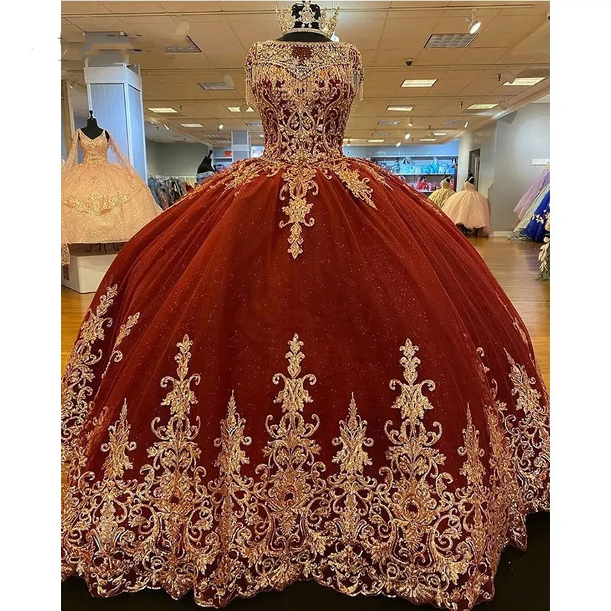 Tulle Ball Red Princess Gown Quinceanera Dresses 2025 Gold Lace Appliques Corset Prom Party Gowns Vestido De 15 Anos s