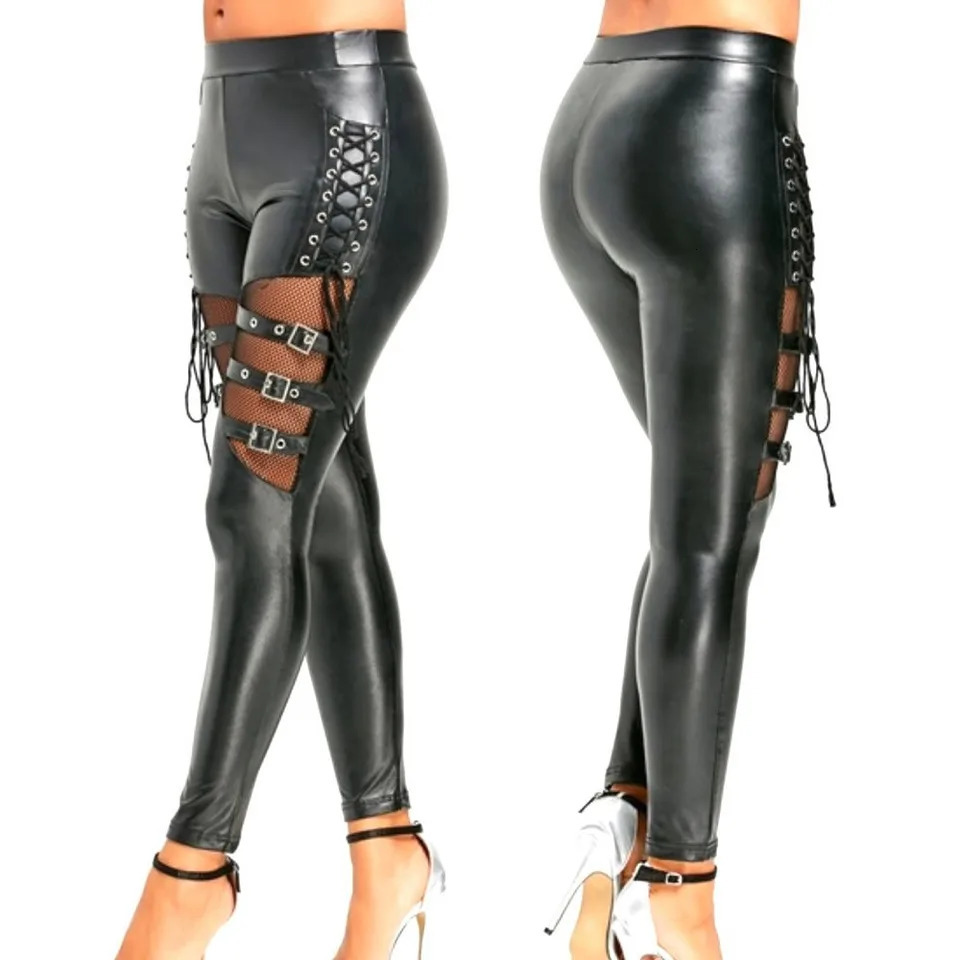 Womens pants PU leather ultrathin club pants gothic punk pants fishnet decorative pants pencil pants 250305