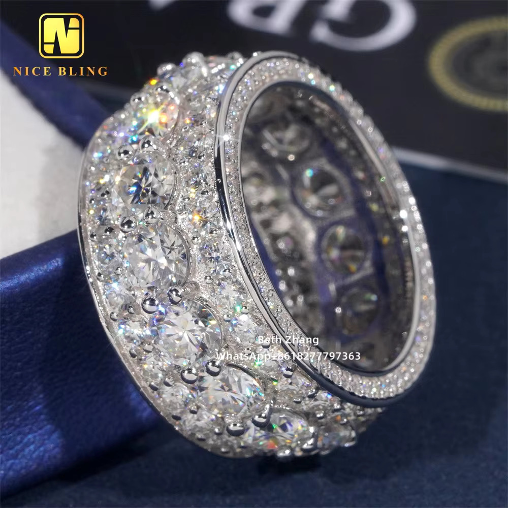 Full Iced Out 3 Rows Moissanite Diamond Wedding Bands Popular Hip Hop Men Engagement Rings 925 Silver Jewelry