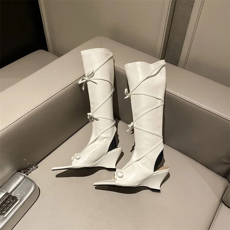 Spring Autumn Butterfly-knot Knee-High Women Boots Sandal Sexy Peep Toe Wedges High heels Leather Long Boots Shoes 250310