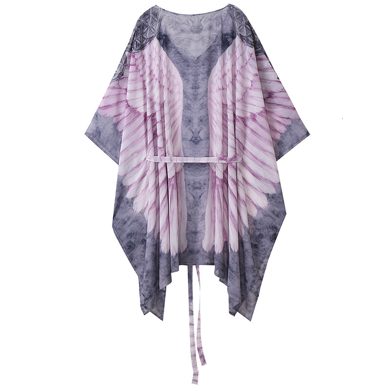 Beach Sun Protection Clothing With Loose Printed Angel Wings, Knitted Bikini, And Beach Cover