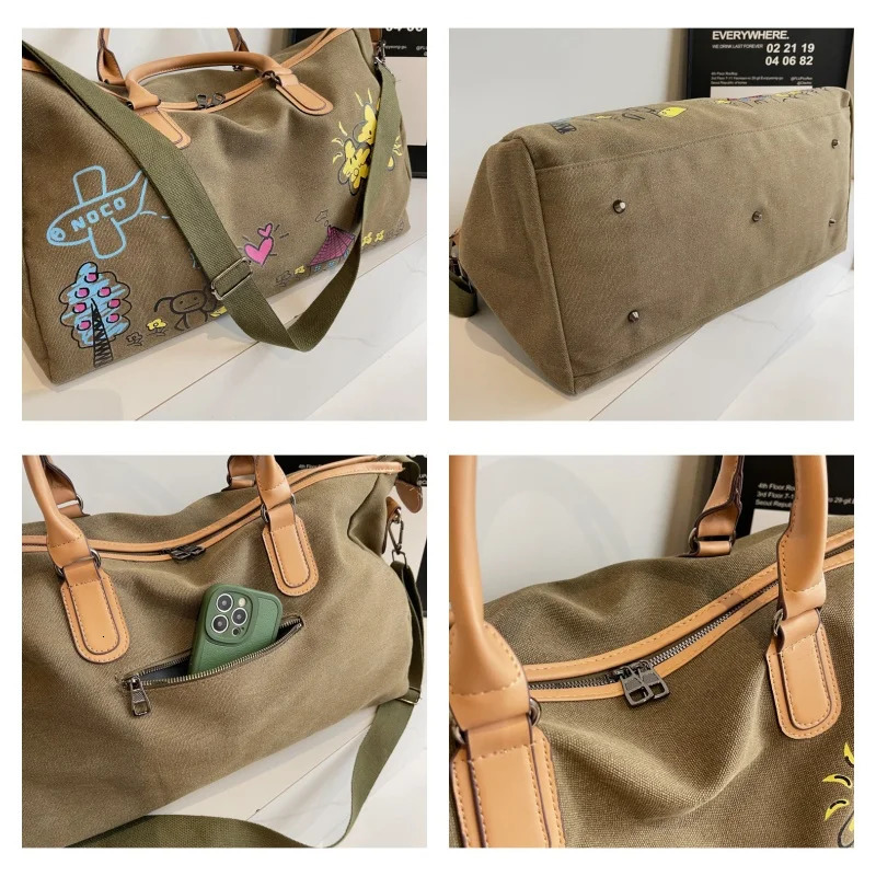 Colorful Cartoon Graffiti Pattern Womens Boston Travel Clothes Bags Large Capacity Shoulder Duffle Bag Canvas Crossbody Handbag 250311