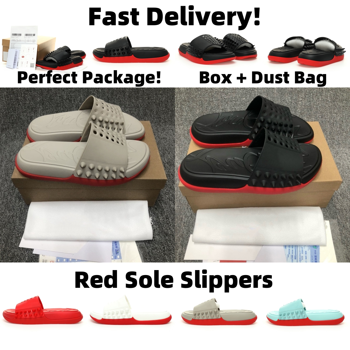 Mens Designer Slippers Red Rubber Bottomed Luxury Sandals Rivet Flip Flops Men and Womens Spikes Flat Clogs Beach Sandal Platform Shoes Sneakers Eur 36-46