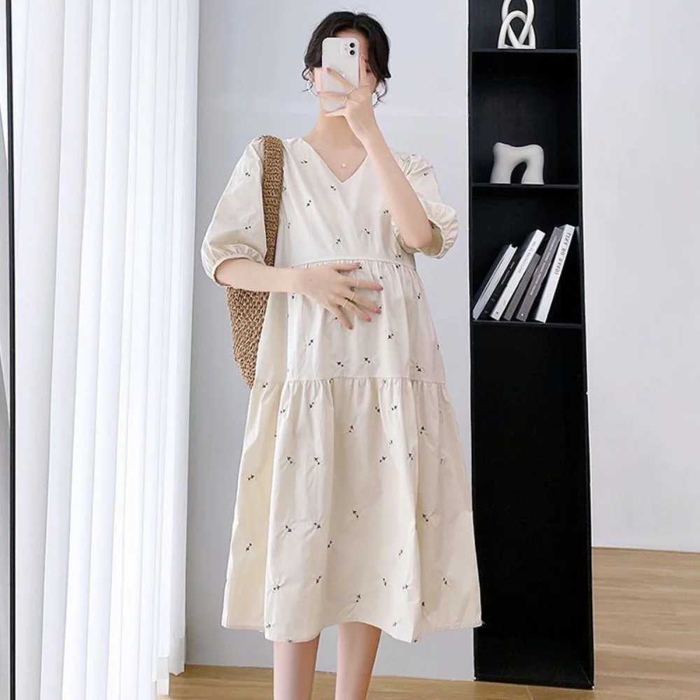 2023 Summer Korean Fashion Maternity Long Dress Elegant Party A Line Short SleeveClothes for Pregnant Women Ins PregnancyT250311