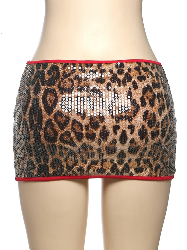 Weird Puss Sequin Leopard Print Skirts Women Y2K Hipster Vintage Sexy Wild Midnigh Coquette Club Party Peach Hip Mini Bottoms 250311