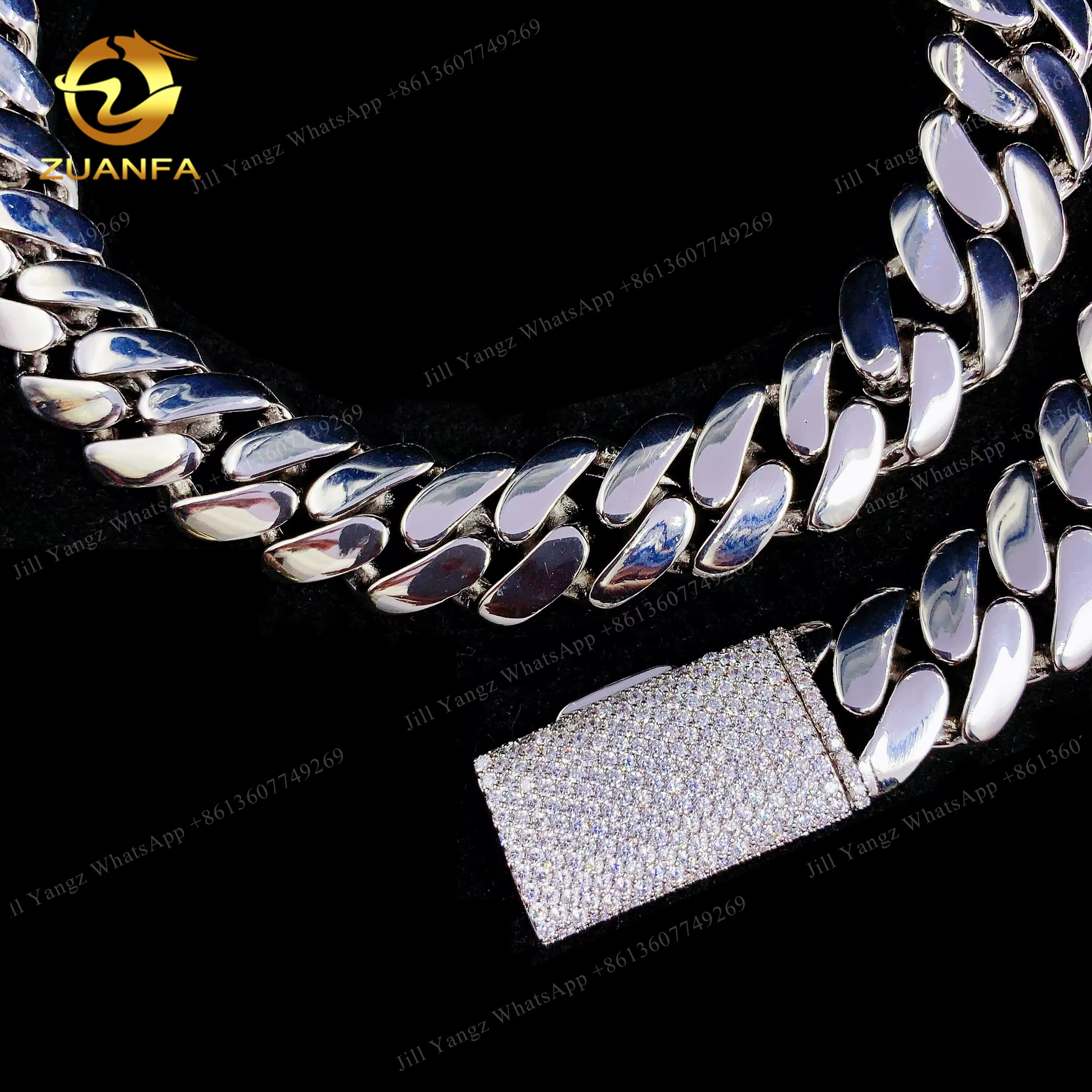 ZuanFa Jewelry Plain Cuban Chain VVS Moissanite Iced Out Box Cuban Link Chain Rapper Hip Hop Necklace Rock