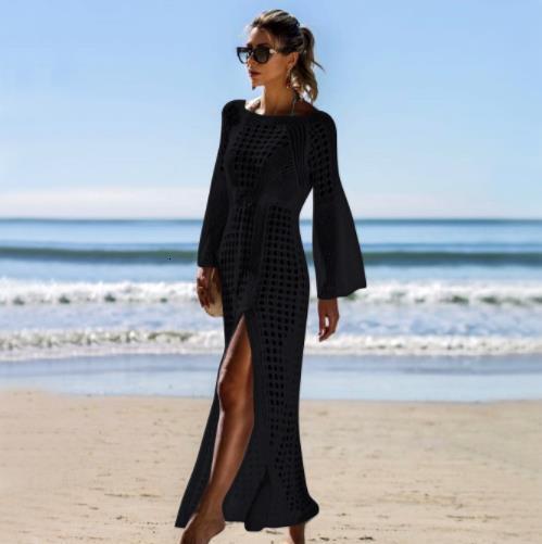 Sexy Hollowed Out Knitted Beach Sleeved Slit Vacation Long Skirt, Swimsuit, Outer Cover, Sun Protection Suit