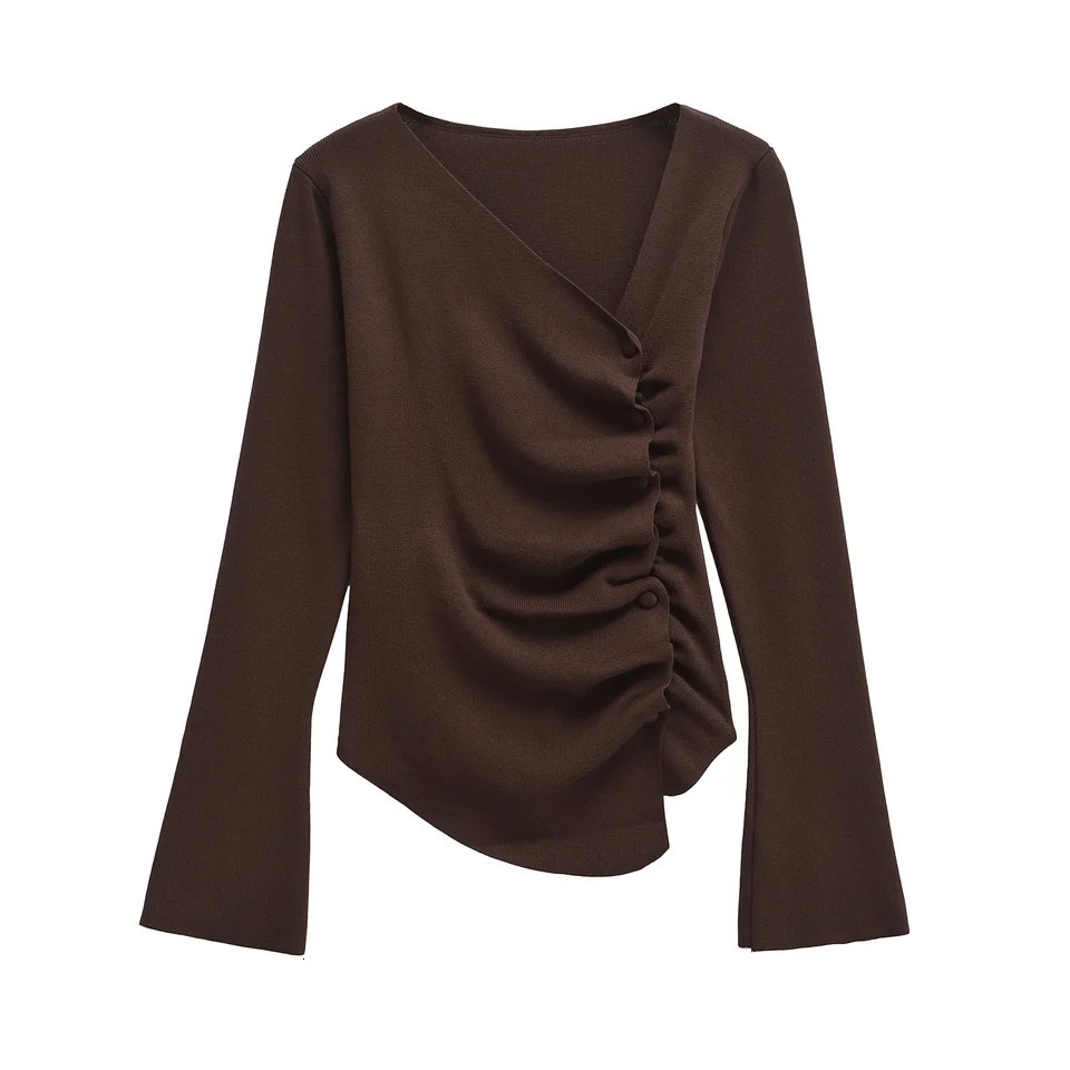 TRAFSHE Asymmetrical Knitted Sweater Blue Brown Knitwear Autumn Womens Pleated Long Sleeve Top Ladies Elegant 3820152 250311