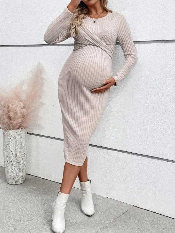 2024 Autumn Winter Maternity Women Solid Slim Dresses Pregnant Women Elegant A Line Across Tie Casual Dress Premama Hot ClothesT250311