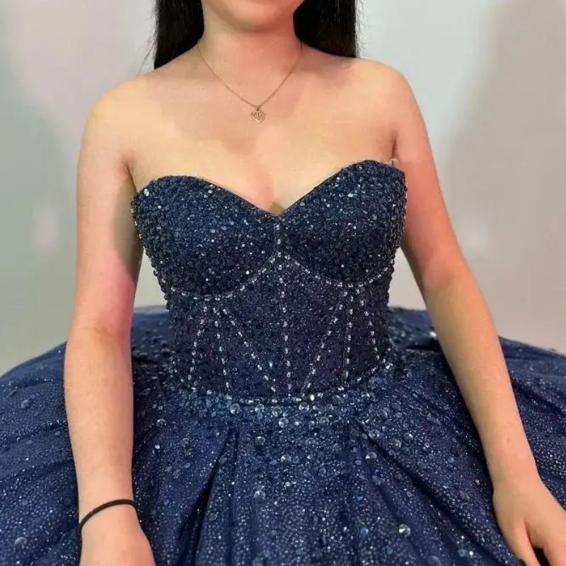 Navy Blue Shiny Quinceanera Dresses Vestidos De 15 Anos Sweetheart Luxury Beading Crystal Tull Party Birthday Princess Sweet 16 Dress