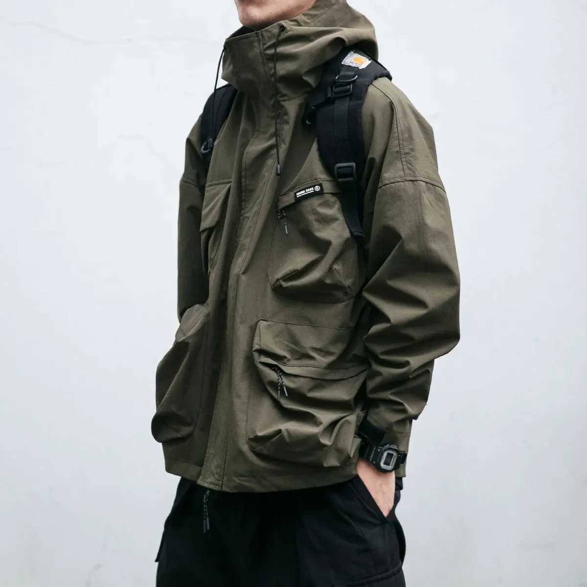 Trendy Autumn Winter Hooded Jacket Mens Loose-fit Windproof Casual Workwear Clothing PocketsT250311