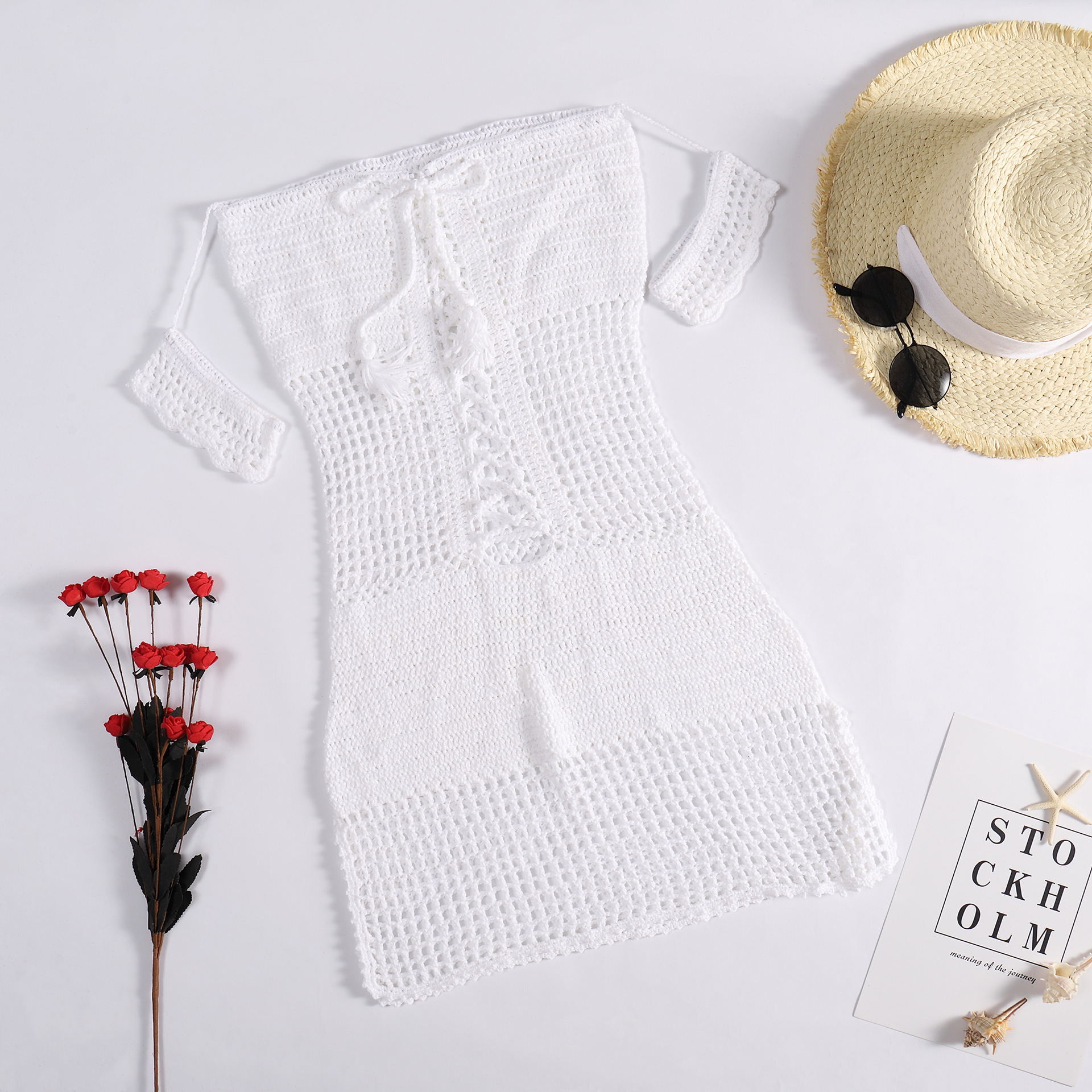 Hand Hook Knitted Cross Sexy Tie Waist Hollow Out Slim Fit Strapless Beach Jumpsuit Short Skirt